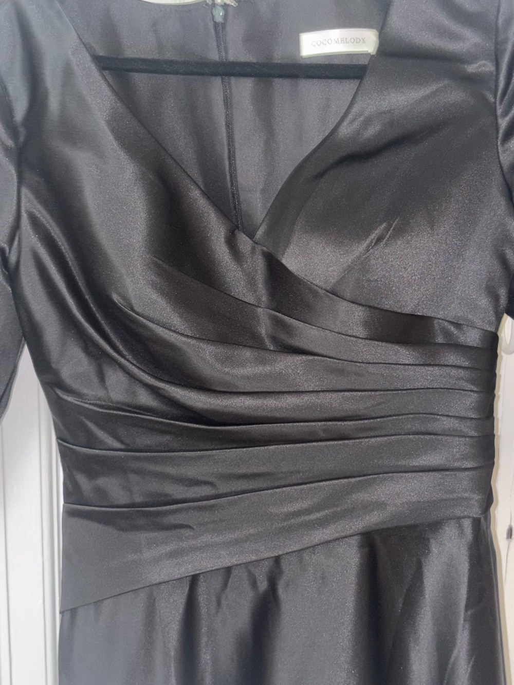 Black Satin V-Neck Ruched Dress